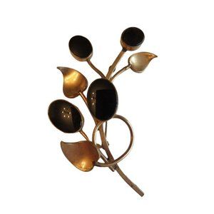Vintage 1960s Era 12K GF Dainty Heart Leaves & Onyx Black Flowers Brooch Pin